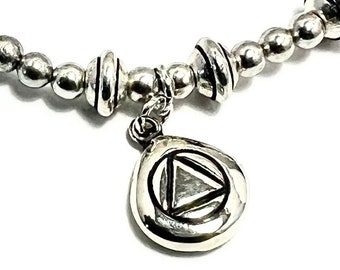 Love Is The Answer Stepping Stone Charm, on a Silver Bead Stretch Bracelet, ODAAT - Recovery Bracelet, Alcoholics Anonymous, 12 Step Jewelry