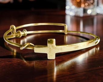 Alex and Ani -Spiritual Armor Sideways Cross Wrap Wire Bangle Bracelet, Rafaelian Gold Finish