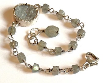 Labradorite and Grey Drusy Bracelet with Sterling Silver Sterling Silver Heart Lobster Clasp