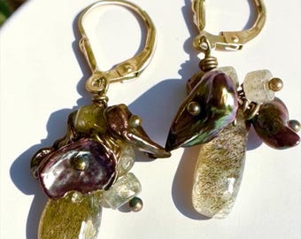 Peacock Keishe Cultured Fresh Water Pearls and Labradorite Drop Cluster Earrings