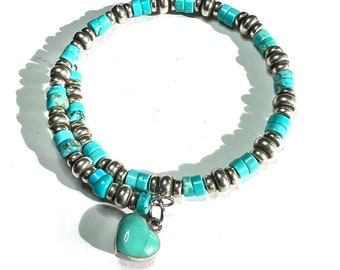 Turquoise Heishe Beads With Silver Spacers, Adjustable Slide On Bangle  - Artisan Bracelet