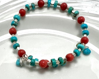 Turquoise, Heishe Beads Intermingled w/Faceted Sterling Silver Beads & Smooth Round Red Coral Beads on Memory Wire, Artisan Bracelet