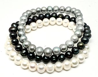 Cultured Fresh Water Pearls, 5-6mm, Beautiful Luster, Choice of 3 Colors, Peacock, Cream, Grey Pearl Stretch Bracelets, Gift for Her