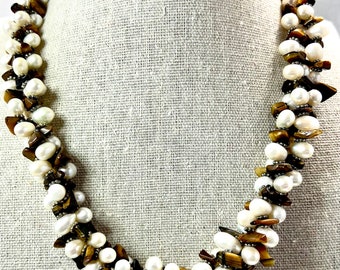 16 Inches - Cultured Freshwater Cream Pearls, Tiger Eye, Triple Strand Toursade & Sterling Silver Spacers, Lobster Clasp - Artisan Jewelry