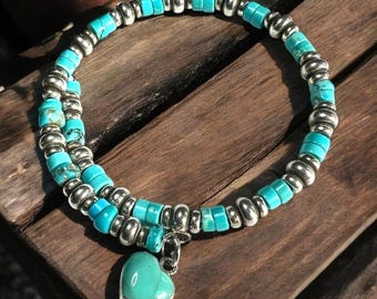 Turquoise Heishe Beads With Silver Spacers, Adjustable Slide On Bangle  - Artisan Bracelet