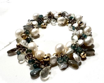 Labradorite, Aquamarine, Faceted Gold Pyrite, Various Sizes of Cultured Freshwater AAA+ White Pearls all Wire Wrapped Bracelet