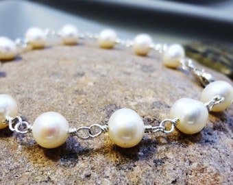 Simple Pearl Bracelet, Sterling Silver White Cultured Fresh Water Pearls Gift for Her, June Bride Gift