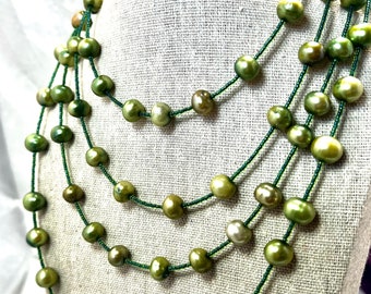 34 Inches - Olive Green Cultured Fresh Water Pearls & Micro Mini Bluish-Green Glass Beads, One Long Strand - Artisan Jewelry