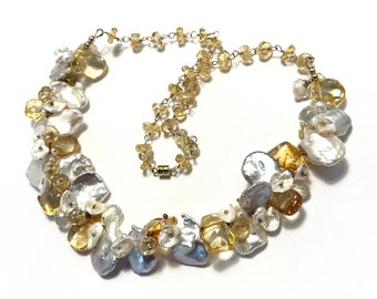 A Little Bit of Sunshine - A Mix of Various Shapes and Sizes of Pearls & Citrine plus Yellow Topaz Necklace, Gift for Her - Artisan Jewelry