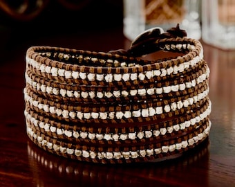 Chan Luu Wrap Brown Leather and Sterling Silver Textured Beads, 5x Wrap Bracelet