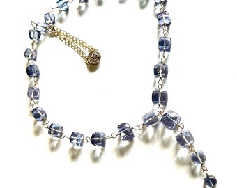 Tanzanite Graduated Cube Gemstone “Y” Necklace Individually Wire Wrapped w/14k Gold Filled Wire, Rosary Chain- Artisan Handmade Necklace