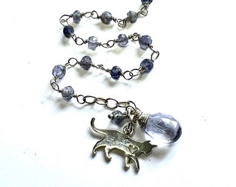 Iolite Chain Bracelet Hand Wrapped in Sterling Silver Wire with a Heart Cut Out Walking Cat Charm in Sterling Silver - Artisan Bracelet