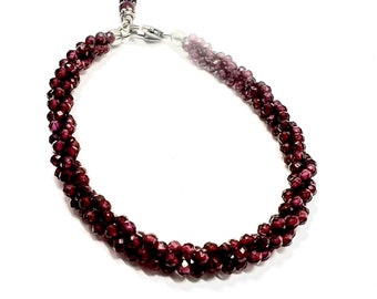 Garnet Triple Strand Twisted Deep Burgandy Mico-Faceted with a Sterling Silver Large Lobster Clasp - Artisan Handmade Bracelet