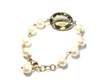 Faceted Lemon Quartz and White Pearl Bracelet in 14k Gold Filled Wire, Artisan Bracelet