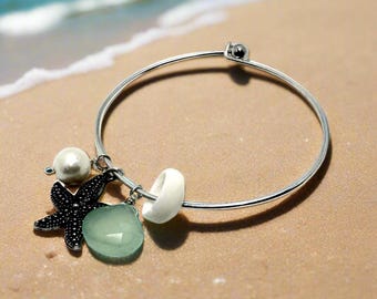 Sterling Silver Charm Bangle: Pearl, Starfish, Chalcedony, Puka Shell