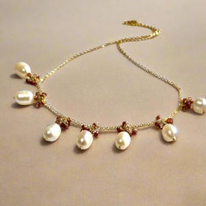 Potato Shaped Cultured Fresh Water White Pearls with Micro Mini Garnets on Gold Cable Chain Artisan Necklace