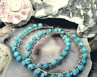 Turquoise and 14k Gold Filled Hoops ~ Artisan Earrings Handmade Wire Wrapped, Faceted Small Turquoise