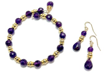 Micro Faceted 8mm Amethyst & Gold Spacers Wrap Bracelet w/ Amethyst Tear Drops on 14k Gold Filled French Style Ear Wire Pierced Earrings