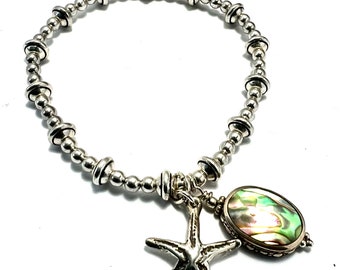 Sterling Silver Encased Abalone &  Star Fish on a Silver Beaded Stretch Bracelet, Ocean and Summer Inspired, Gift for Her