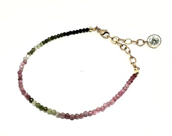 Faceted Watermelon Tourmaline, .05mm Bracelet Hand Strung with 14k Gold-Filled Wire with a Green Amethyst Bezel Dangle - Artisan Bracelet