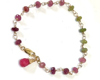 5mm Faceted Watermelon Tourmaline Chain Bracelet Hand Wrapped in 14k Gold-Filled Wire with a Ruby Dangle - Artisan Bracelet