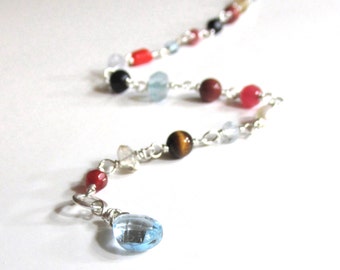 Simple Multi-Gemstones, with Pearls Hand Wrapped in Sterling Silver Wire Bracelet - Artisan Bracelet