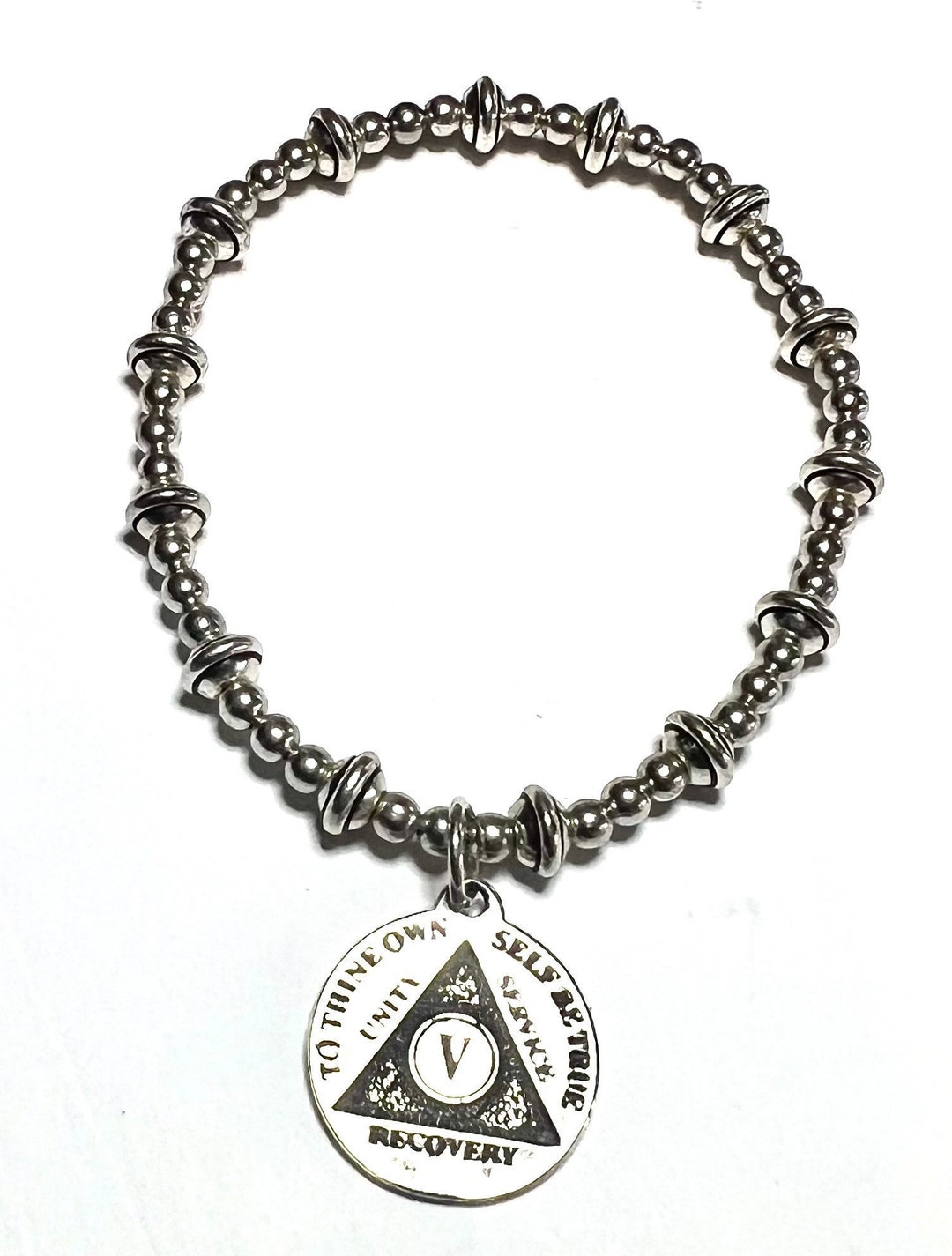 Silver Stretchy Bracelet With Recovery AA Anniversary Chip, 5 Year ONLY