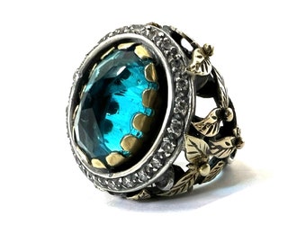 Apatite Stone Ring with Faceted White Topaz, Large, Sterling Silver  and 14K Gold Filled Leaves - Artisan Handmade