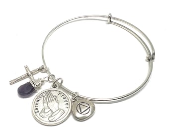 Recovery AA Bracelet, Slide Bangle, Cross Charm, Amethyst Charm & Choice of Principle Stepping Stone, PLUS Serenity Charm Silver, o d a a t