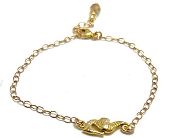 14k Gold Plated Seahorse on 14k Gold-Filled Chain w/a Swarovski Crystal - Artisan Bracelet