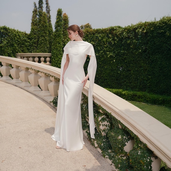 white silk dress with scarf ROMA Strapless Curved Neckline Midi Dress with Silk Scarf (Ivory White Silk Crepe)