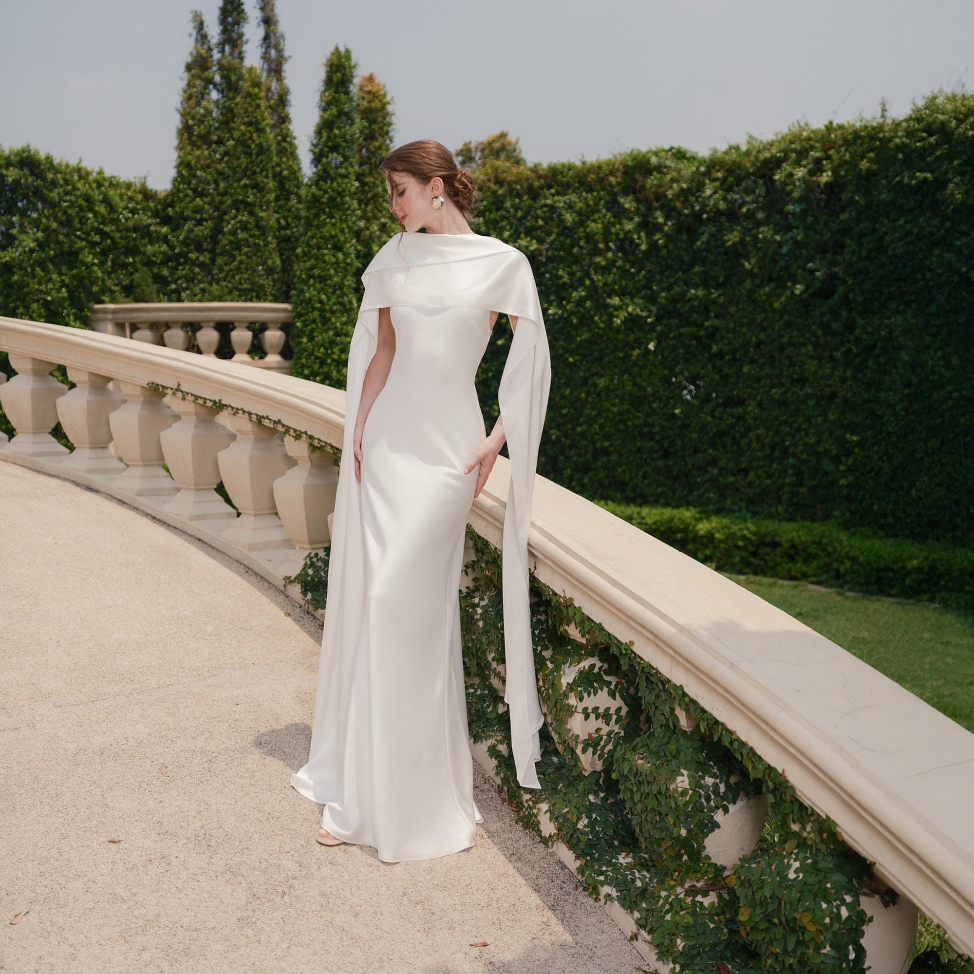 long white dress with scarf Silk Wedding Dress With Detachable Scarf – Minimalist White Gown, Long  Satin Bridal Dress, Elegant Modern Bride Dress