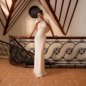 Silk Satin Cape Dress Ivory | Minimal Wedding Dress | Long Formal Gown | Elegant Bridal Reception Dress | White Silk Evening Gown