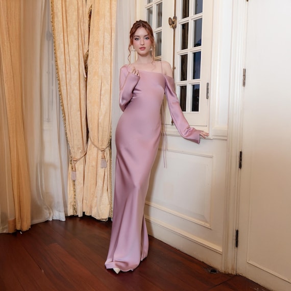 long sleeve one shoulder dress Royal Blue Sleeves Slit Prom Overskirt all framed by a single One Shoulder Silk Dress -