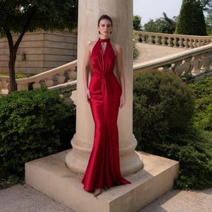 Red Halter Silk Dress | Satin Silk Evening Gown | Long Red Prom Dress | Backless Bridesmaid Dress | Red Silk Wrap Gown | Formal Dress Women