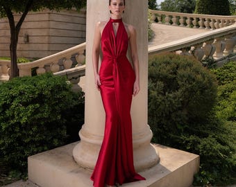 strapless open back dress WOMEN'S STRAPLESS RED HIGH-LOW FORMAL GOWN IN TAFFETA – Elegance Boutique