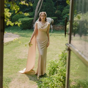 Elegant Silk Charmeuse Dress with Detachable Cape – Long Silk Wedding Dress, Bridesmaid Gown, Evening Maxi Dress