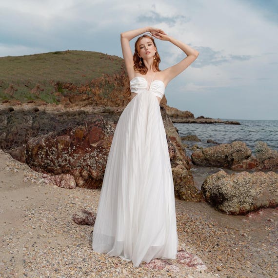 Vestido largo blanco con cuello halter, vestido de novia para la