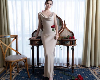 Silk Maxi Dress Beige – Elegant Satin Gown – Long Formal Dress for Wedding Guest or Bridesmaid – Open Back Halter Dress