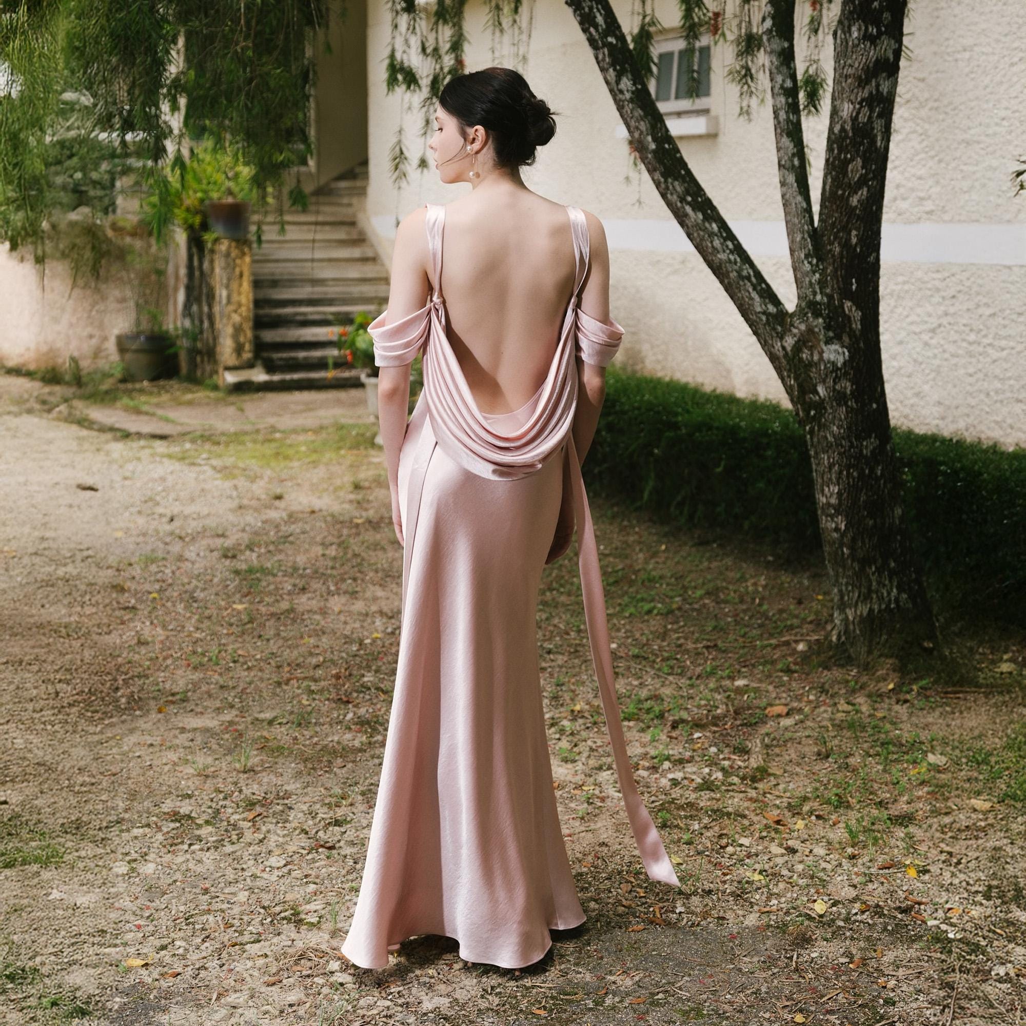 pink silk backless dress Satin Dress, Elegant Evening Gown, Romantic Wedding Guest Dress, Garden Party Dress, Long Silk Maxi Unique Dress 29 inches or 70