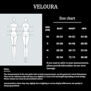 May include: A black and white size chart for VELOURA featuring a line drawing of two figures with bust, waist, and hip measurement lines. The table lists sizes XS through L with corresponding measurements in centimeters for bust, waist, and hips.