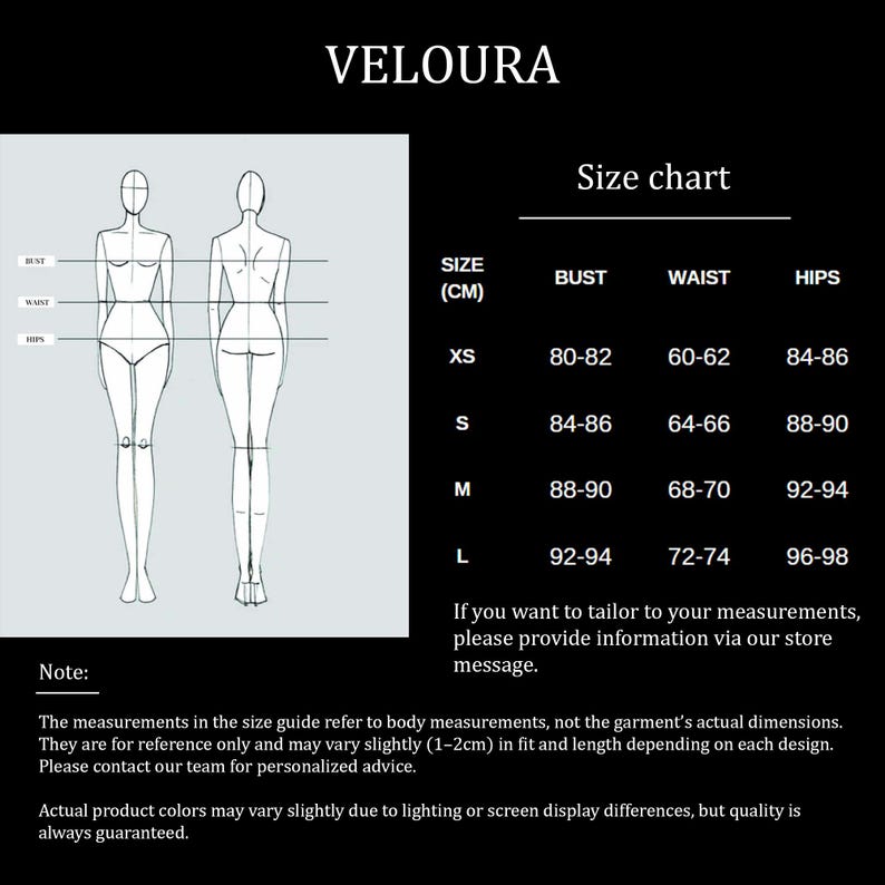 May include: A black and white size chart for VELOURA featuring a line drawing of two figures with bust, waist, and hip measurement lines. The table lists sizes XS through L with corresponding measurements in centimeters for bust, waist, and hips.