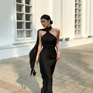Silk Halter Dress, Long Satin Evening Gown, Formal Wedding Guest Dress, Silk Cocktail Dress, Elegant Bridesmaid Dress
