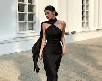 Vestido de seda con escote halter, vestido de noche largo de satén, vestido formal para invitada de boda, vestido de cóctel de seda, elegante vestido de dama de honor