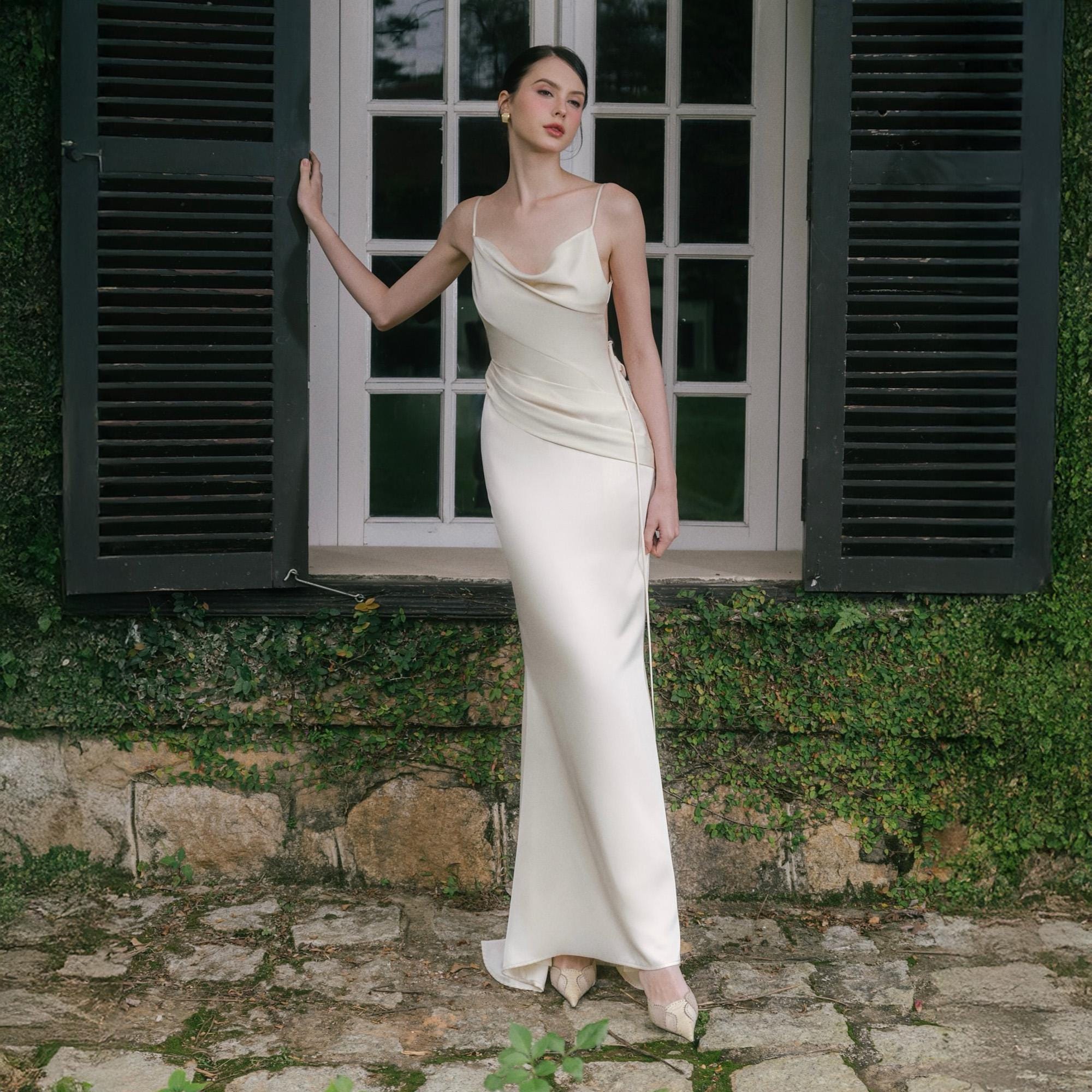white christmas dresses Satin Cowl Neck Slip Midi Dress White main image 0
