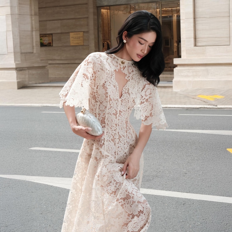Lace Maxi Dress with Cape, Simple Wedding Dress, Bridal Shower Outfit, Wedding Guest Dress, Bachelorette Party Dress, Prom Gown image 9
