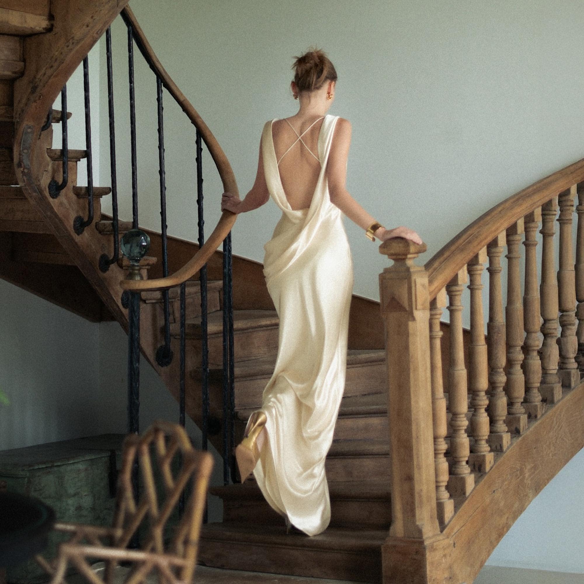 Backless Cowl Neck Satin Gown