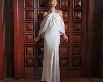 Elegant White Silk Dress | Halter Silk Wedding Gown | Long Silk Prom Dress | Satin Cape Dress | Minimalist Formal Bridesmaid Gown