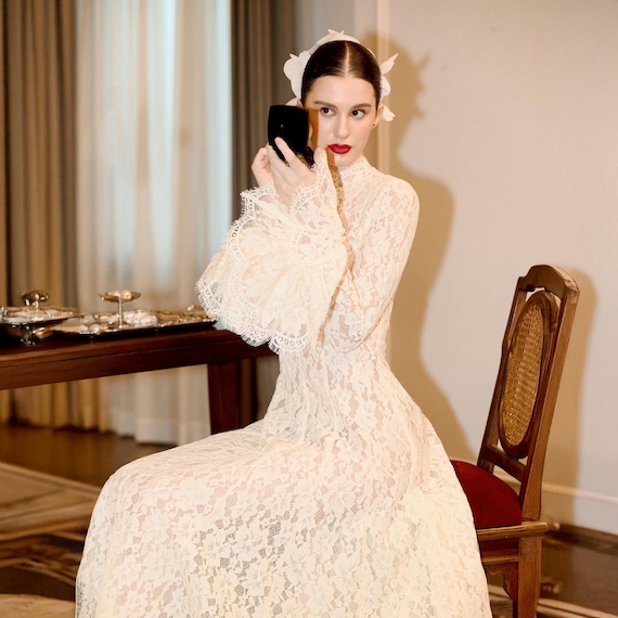 Buy Vintage Lace Wedding Dress Modest Bridal Gown Long Sleeve A Line Bridal Outfit Victorian European Style Romantic Reception Look Online in India