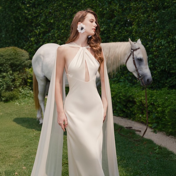 Elegante vestido de diosa de seda color marfil – Vestido largo con capa drapeada, vestido formal de satén suave, vestido de noche, vestido de novia o para ocasiones especiales.
